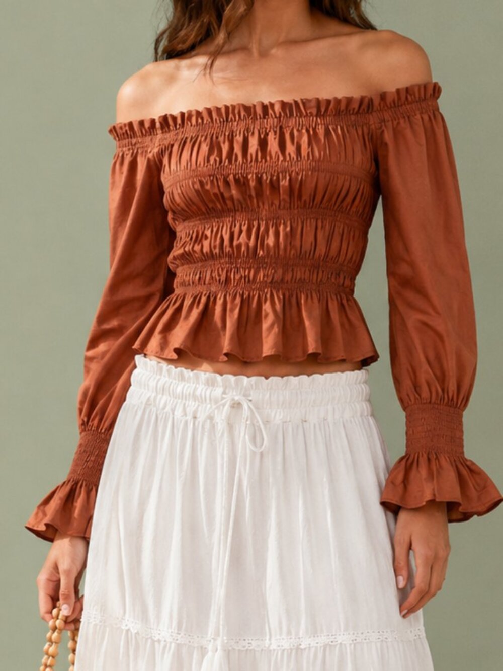House of Harlow 1960 Rust Orange Off-Shoulder Smocked Peplum Top